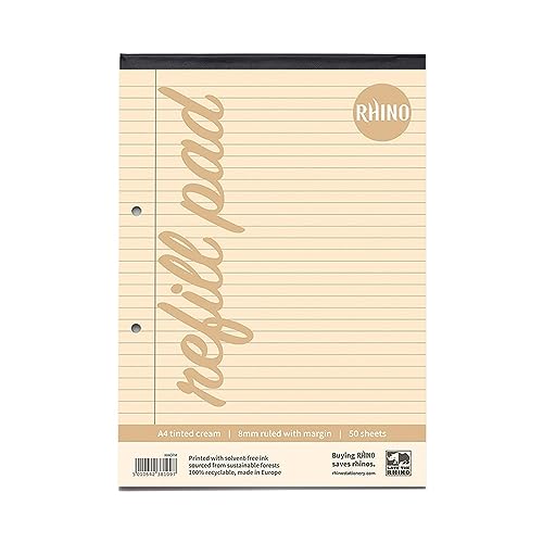 RHINO A4 Refill Pad, Writing Pad, 100 Page / 8mm Lined with Margin, 1 Pack, Cream Lined Writing Paper for Dyslexia & SEN, Office & School Stationery Supplies