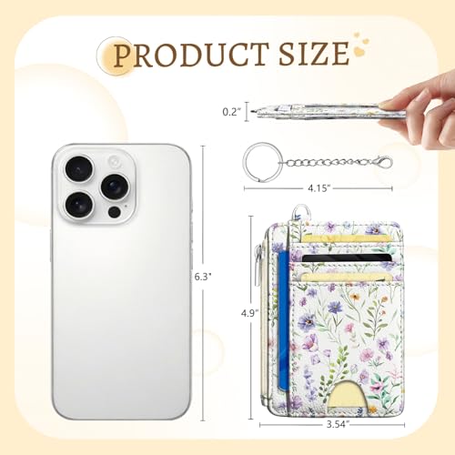 Image of Kelvoris Flowers Credit Card Holder Small Wallet Women, Slim RFID Keychain | Keychain, Zipper Coin Pocket, Front Pocket Thin Travel Card Case, Minimalist, 6 Card Slots, 1 ID Window, Ladies Gifts Woman
