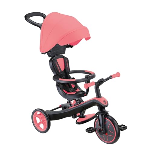 GLOBBER Explorer Trike 4in1 Pro in Coral Pink – Dreirad, Laufrad und Kinderwagen in 10/8,5 Zoll – TPR-Sitz – höhenverstellbares Kinderfahrzeug