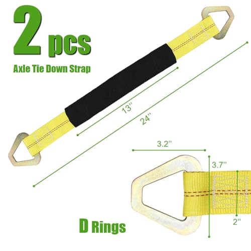 WSSROGY 2 Pack 24\" x 2\" Axle Tie Down Straps with Protective Sleeves and D Rings, Heavy Duty Car Axle Straps 6000 Lb. Capacity 9000 Breaking Strength for Securing Car Transport Hauler Tow Truck - Thumbnail 2