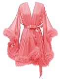 Chiffon Feather Robe Fur with Trim Robe Bridal Dressing Gown Wedding Bride Bridesmaid Kimono Sleepwear Nightgown Coral XXL