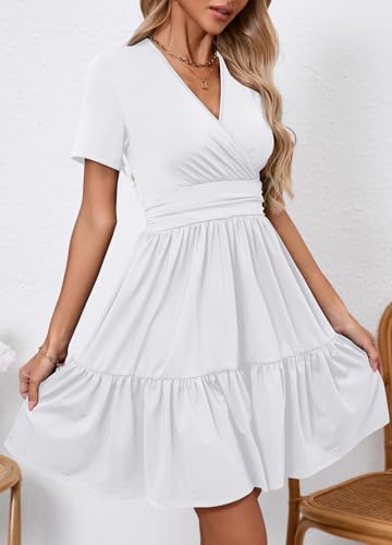 Image of Women's Casual Summer Dress V Neck Short Sleeve Flowy Stretchy Comfort Fit for Daily Wear Work Midi Dresses