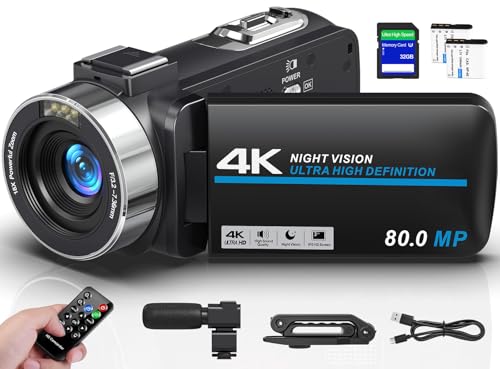4K Camcorder Video Camera HD 80MP 30FPS Vlogging Camera for YouTube IR Night Vision Camera 18X Digital Zoom 3.0 IPS Screen Video Recorder with 32GB SD Card, 2 Batteries, Remote Control, and Stabilizer