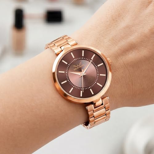 Image of LOUIS DEVIN Rose Gold Plated Metal Chain Analog Wrist Watch for Women (Rose Gold /Brown /Green Dial) | LD-ZL511
