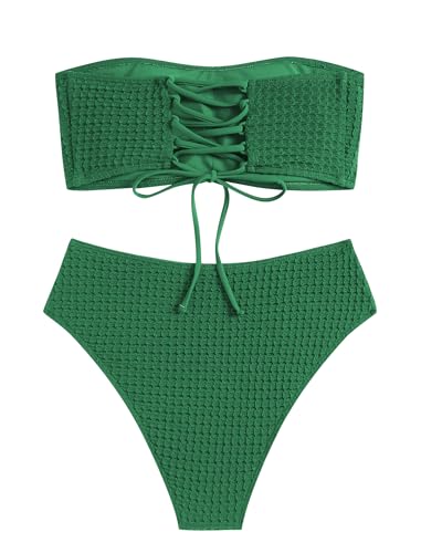 Image of ZAFUL Women's High Cut Bandeau Bikini Set Strapless Solid Color 2 Pieces Bathing Suit Swimsuit