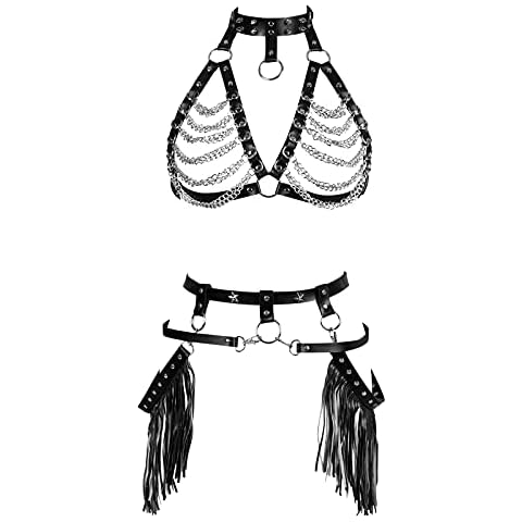 PETM·HS Womens Body Cage Waist Harness Leather Belt Metal Chain Body Tassel Punk Festival Dance Rave Costumes Lingerie Garter Belts (Black) Cover