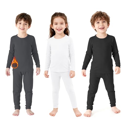 Zando Boys Thermal Underwear Set - Winter Warm Kids Long Johns 4T Kids Thermals Top and Bottom Fleece Lined Compression Shirt and Pants Thermal Base Layer for Boys Girls 3 Set Black White Dark Grey