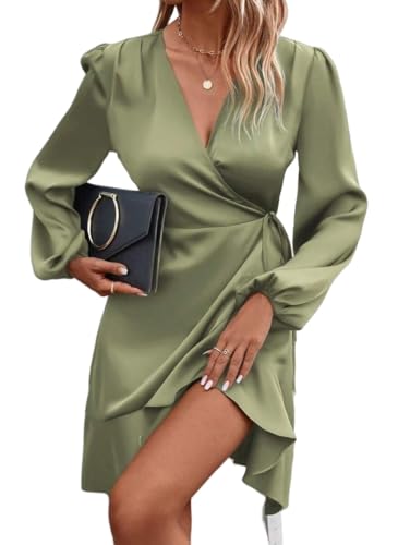 LIUYUYOUGO Damen Kleider Sommer Damen Langarm Satin Kleid Mit V Ausschnitt Wickeldesign Taillenband Rüschen Fließendes Cocktailparty Minikleid...