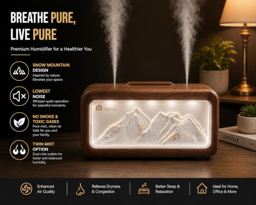 Image of Auroa Ultrasonic Cool Mist Humidifier for Room Moisture | Wood Grain Essential Oil Diffuser for Home |Mountain Mist Maker Fogger with 4 Light Modes & Auto Shut Off | Home Decor