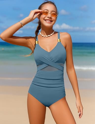 Image of Girls Swimsuit Criss Cross One Piece Swimsuits Wrap Tie Back Sheer Mesh Bathing Suit with Gold Metal Swimwear 9-16Y