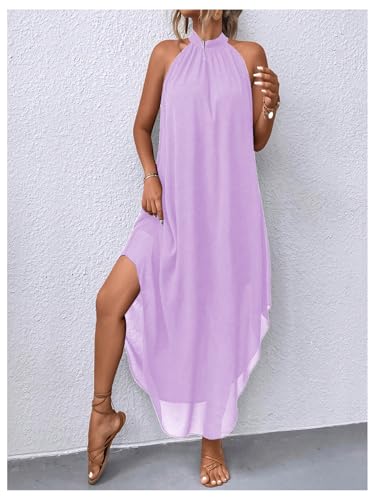 Image of Verdusa Women's Wedding Guest Dress Halter Flowy Chiffon Long Dresses | Cocktail Dress, Asymmetrical Dress for Women, Sleeveless, Prom Dress, Cruise Outfits, Boho