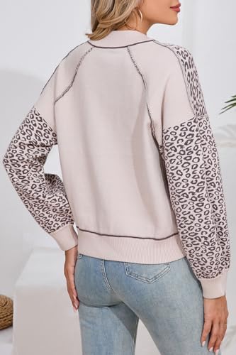 Image of D-Sun Women Leopard Cardigan Sweater Cropped Button Down Long Sleeve Crewneck Sweater Fall Winter Open Front Printed Top