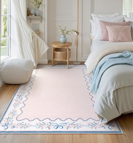 Image of Seavish Pink Floral Rugs for Bedroom Girls, 5x7 Area Rugs for Living Room, Soft Washable Scalloped Nursery Rug, Boho Farmhouse Non-Slip Low Pile Carpet Rug for Kids Playroom Dining Room Office