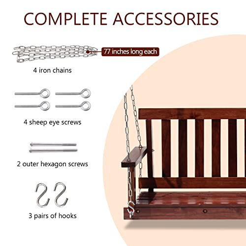 Paylesshere LSW-V70B-BROWN Outdoor Wooden Porch Swings 4Ft/48In Outdoor Swings Heavy Duty 800Lb Weight Capacity Swing Bench thumb #3
