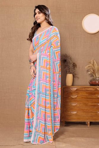 Image of Panzora Women's Georgette Printed Ready To Wear One Minute Saree With Unstitched Blouse Piece