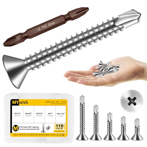 Kit de 110 Tornillos Autorroscantes de Acero Inoxidable #8 con Cabeza Plana miniatura 1