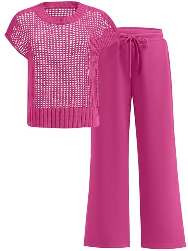 ANRABESS Women Two Piece Outfits Crochet Sheer Knit Sweater Top Wide Leg Pants Lounge Matching Sets Sweatsuit Travel Clothes Hot Pink Medium