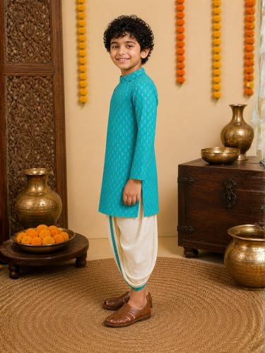 Image of superminis Boy's Cotton Kurta with Dhoti - Golden Thread Work, Solid Round Collar, Full Sleeves, Side Button Kurta Set for Ethnic Wear