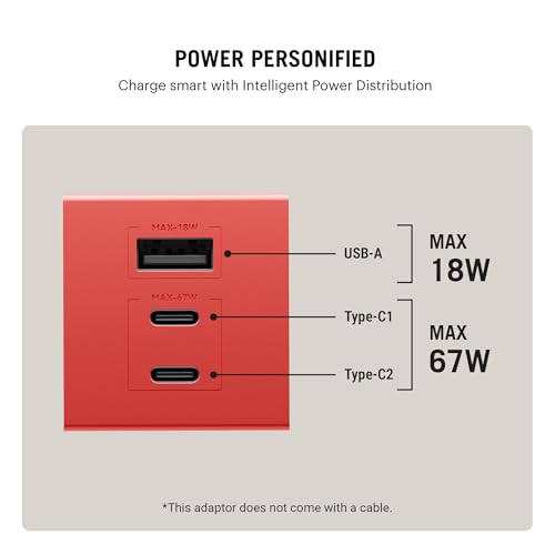 Image of DailyObjects POP 67W Triple Port GaN Charger Adapter with Foldable Pins|USB-C Dual Port & Type A Power Output|Fast Charging|Support iPhone 12 13 14 15 16 pro Max,ipad,Samsung,MacBook M1 M2-Red