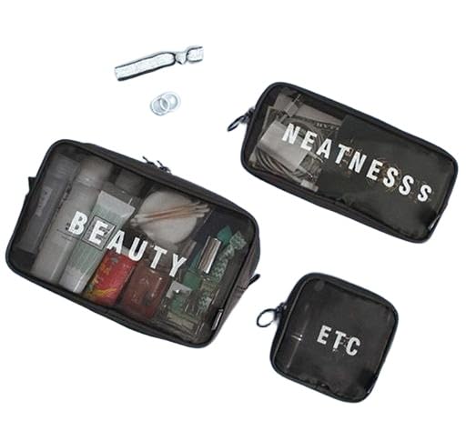 (ONLY POUCHES) Travel Nylon Mesh Makeup Bags Set 3 Pieces See Through Zipper Pouch Travel Cosmetic And Toiletry Kit Organizer Bag 3 Pack Of S M L 3-in-1-mkup-nvyblu-09-14 SB-P9286