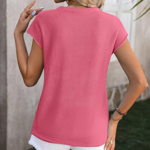 Image of Womens Lightweight Knit Top Cap Sleeve Crew Neck Shirt | Lightweight textured knit top with relaxed fit and cap sleeves, light colors may perspective
