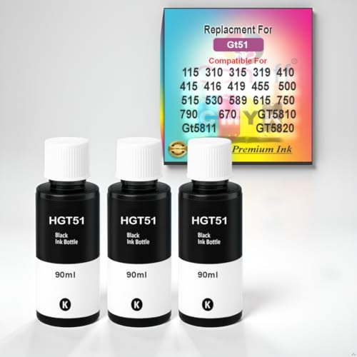 Image of CANOFF GT51 Black Refill Ink Compatible for HP Ink Tank 115,310,315,319,410,415,416,419,455,500,515,530,589,615,750,790,670,GT5810,GT5811,GT5820 (HGT51BK 3pc. x 90ml)