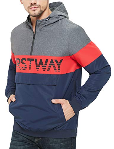 FIRST WAY Men's Pull-over Jacket Windbreaker with Pockets Hoodie Zip Water Resistant Softshell Outdoor Coat Navy & Grey XL