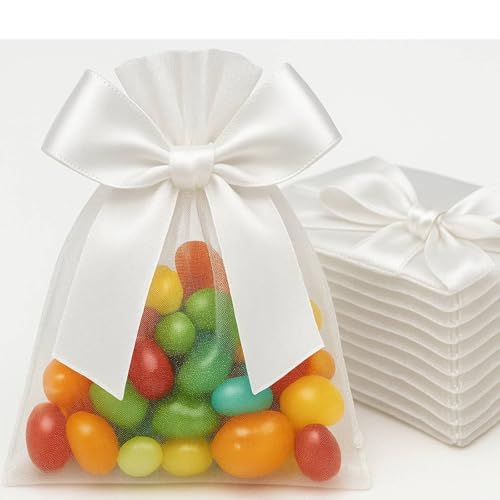 Shinylin 50 Pcs White Sheer Organza Jewelry Gift Bags with Attached Bows, 3.5"x4.72" Elegant Wedding Favor, Reusable Drawstring Bags for Party, Soaps, Bridal Shower, Baby Shower, Wedding by Shinylin - Used condition - US$10.62