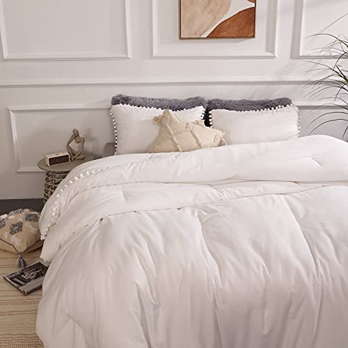 Yirddeo White Queen Comforter Set 3Pcs Boho Ball Pom Pom Bedding, Aesthetic White Comforter Queen Size Comforter Sets Bed Set Beige White Bedding Set For Women Men (1 Comforter 2 Pillowcases) #TOP4