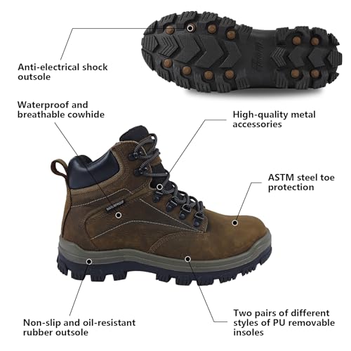 Image of Mens steel toe work boots - ASTM Steel Toe + Waterproof + 2 Different Insoles + Anti-slip Rubber Outsole + Multiple Application Scenarios