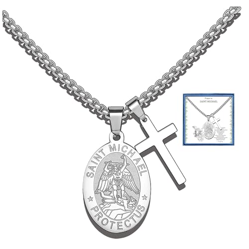 Liuanan St Michael Pendant for Men Saint Michael the Archangel Pendant Necklace Christian Protection Jewelry Stainless Steel Religious Cross Chain for Him Catholic Gifts for Confirmation First Communion Graduation Anniversary Father's Day Son Birthday Gift