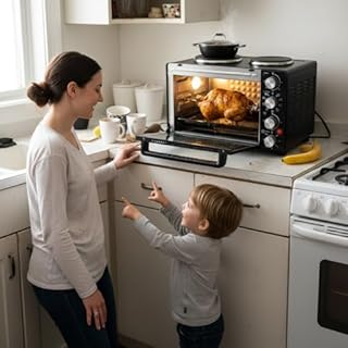 NutriChef 30 Quart Kitchen Convection Oven & 2 Burner Cooker - 1500 Watt Oven - 7 Cook Functions Rotisserie, Cook, Bake, Broil & More - Includes Baking Tray, Skewers & Handles - 19.6 x 16.0 x 13.5 IN