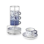 vancasso Selene Espresso Cups Set of 4, 2.5oz/75ml Cup and Saucer Set, Porcelain Coffee Cups with Metal Stand, Microwave & Dishwasher Safe, Cup Suitable for Turkish Coffee, Espresso, Macchiato ﻿