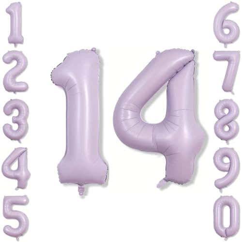 Cream Purple Number 14 Balloon 40 Inch, Foil Numeral Party Decor