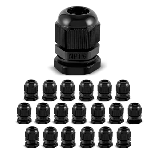 20pcs 1/2″ NPT Cable Gland Waterproof Adjustable 6-12mm Through Cord Grip Cable Connectors Nylon Cable Gland Joints Wire Protectors(1/2”, 20PCS)