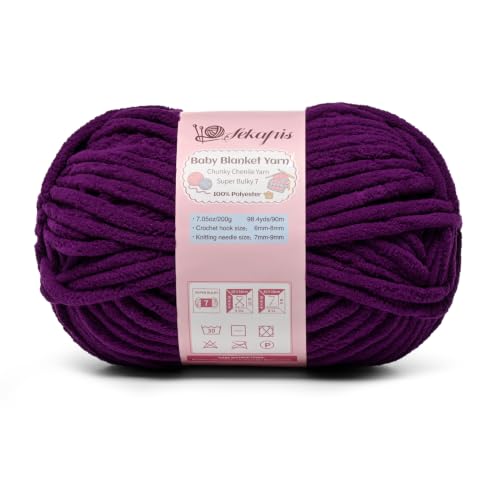 Image of Violet 7.05 oz /98.4 yds Chunky Chenille Yarn for Crocheting, #7 Super Bulky Baby Blanket Yarn for Crocheting Soft, Fluffy Velvet Yarn for Knitting, Amigurumi Crochet Yarn for Crafts