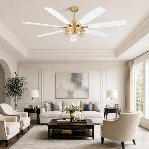 Image of Dawn Whisper 72 Inch Large Ceiling Fans with Lights Modern White Gold Farmhouse Ceiling Fan for Living Room Bedroom 6 Speed Reversible Quiet DC Motor