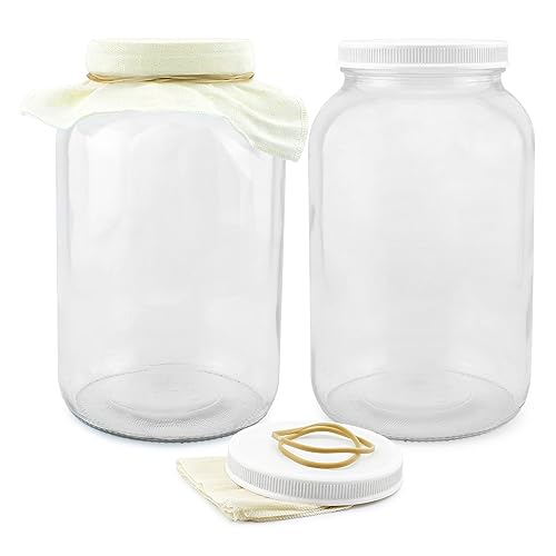 Cornucopia Brands 1-Gallon Glass Kombucha Jars w/Cotton Cloth Covers & Plastic Lids for Storage after Brewing (2-Pack)