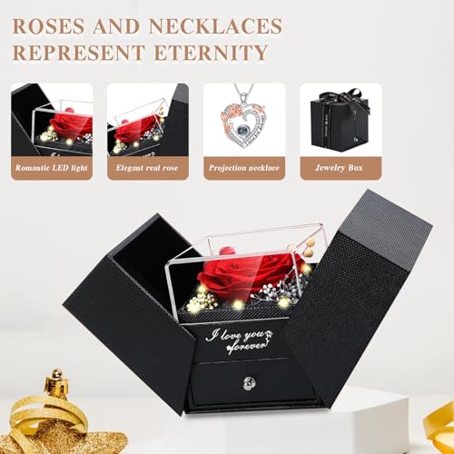 SOULMEET Preserved Real Rose 100 Languages I Love You Projection Necklace Eternal Flowers Rose Projection Necklace Gifts for Her Mom Wife on Christmas Valentine Mothers Day2