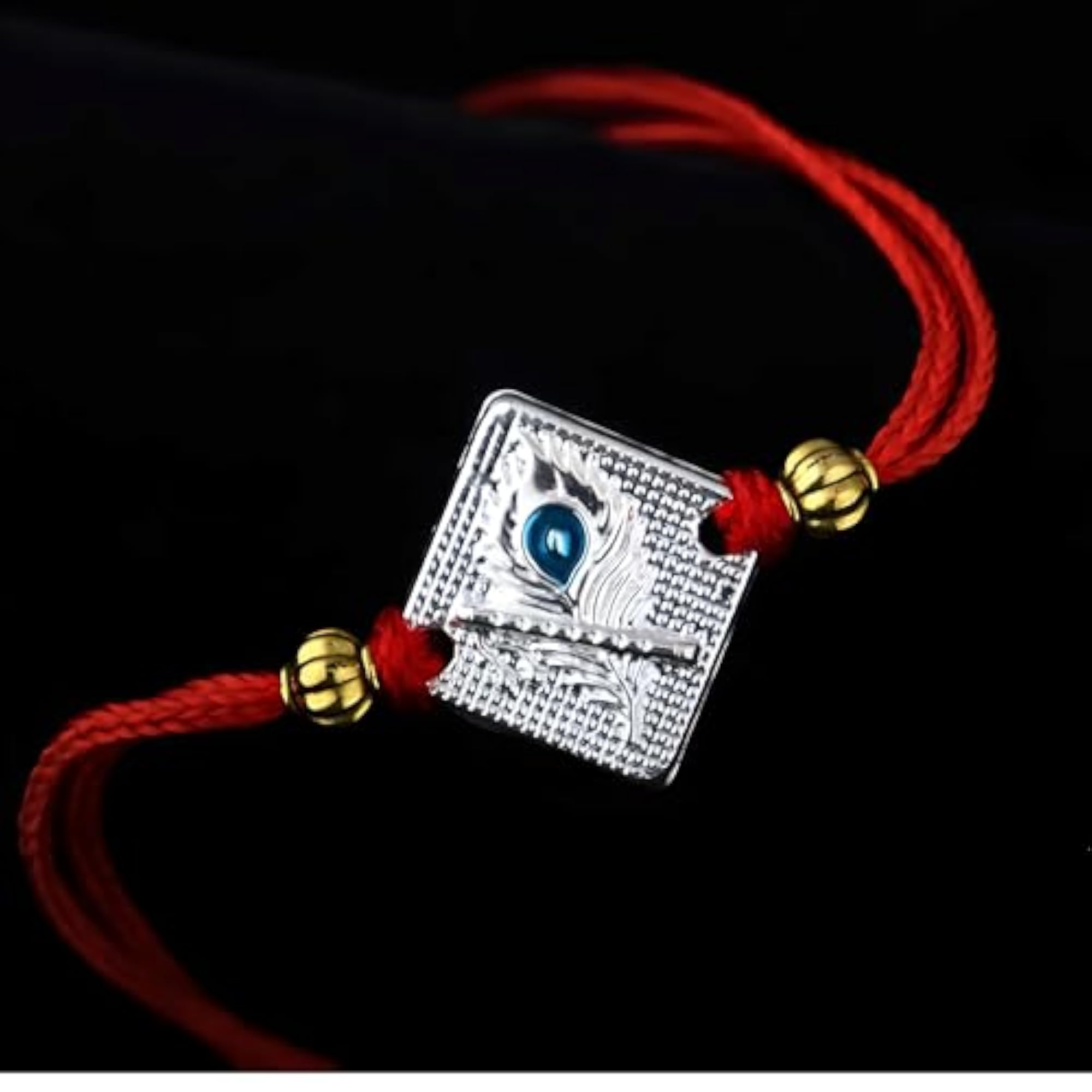 925 Sterling Silver Peacock Feather Rakhi with Red Thread