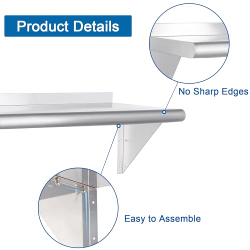 Image of HARDURA Stainless Steel Shelf 18 inch x 24 inch, 297lb Commercial Shelves Wall Mount Metal Shelving with Backsplash and Brackets for Kitchen, Restaurant, Laundry Room and Home
