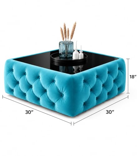 Image of Premium Tufted Upholstered Coffee Table with Mica Top - Modern Square Ottoman Center Table, Soft Velvet Finish, Luxury Living Room Furniture - 30 x 30 x 18 Inch (Sea Blue)
