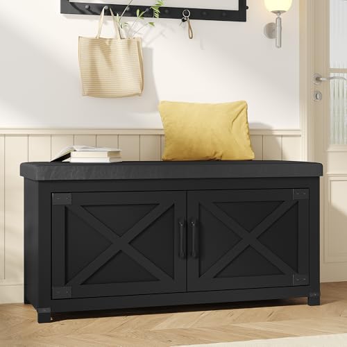 Hzuaneri Farmhouse Shoe Storage Bench, 2 Tier Shoe Bench with Padded Seat Cushion & 2 Barn Doors, Entryway Bench with Adjustable Shelf, Shoe Cabinet for Living Room, Bedroom, Black SB26606BK