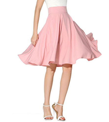 Persun Women's Pink Basic Flared High Waist Midi Skater Skirt,Medium