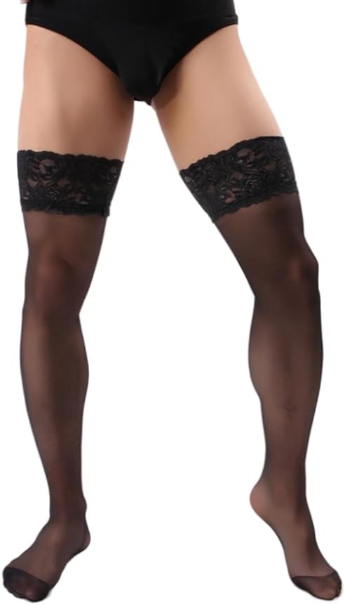 Manguo Mens Lace Top Thigh High Stockings Over Knee Antiskid Fishnet Sissy Long Socks for Men - Image 3