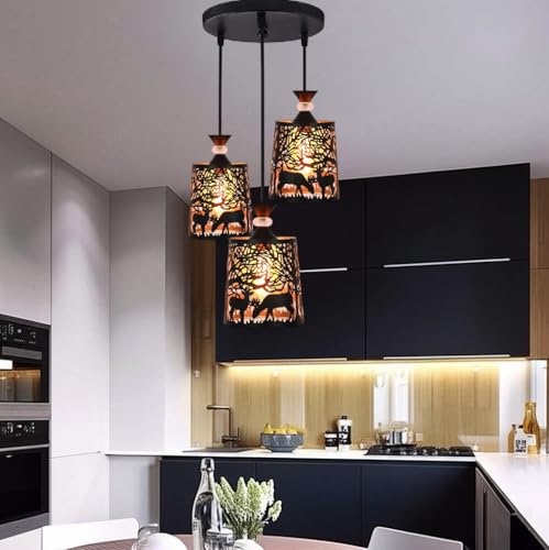 Image of Groeien 3-Light Industrial Black Finish Metal Crystal Hanging Pendant Ceiling Lamp Fixture | Chandelier for Home, Indoor, Outdoor,Living Room, Bedroom(Bulb not Included)(DeerShade3-Set)