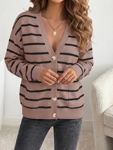 Image of Vrtige Women's Casual Striped Button Open Front V Neck Long Sleeve Knit Lightweight Cardigan Sweater
