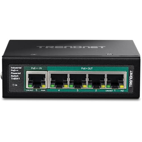 Image of TRENDnet 5-Port Industrial Gigabit PoE++ Powered DIN-Rail Switch with PoE Pass-Through, TI-B541, Ethernet Splitter, 65W Power Budget, NDAA & TAA Compliant, Lifetime Protection, Black