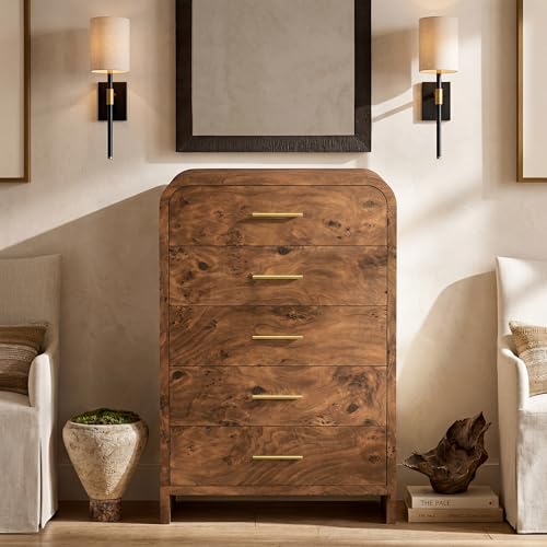 Image of Curved 5-Drawer Dresser for Bedroom, 45.59 inch Tall Modern Chest of Drawers, Wooden Chest of Drawers for Living Room, Closet Storage Organizer Furniture, Nursery, Hallway, Dark Burl