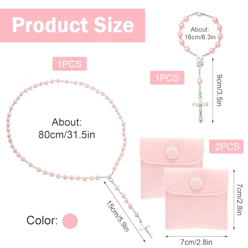 QMLING 2 Stück Rosenkranz Kette und Autorosenkranz, Rosenkranz Auto Katholisch mit Kreuz Marienbild, Rosary mit 2 Knopfbeuteln, Gebetskette Christlich für Gebete Geschenke (Rosa)